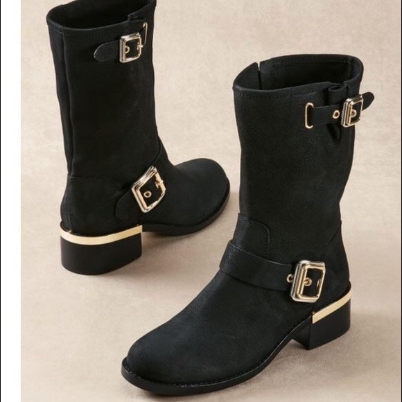 Vince Camuto Women's Windy Moto Bikers Black Leather Boot gold Hardware 7M - Picture 1 of 7